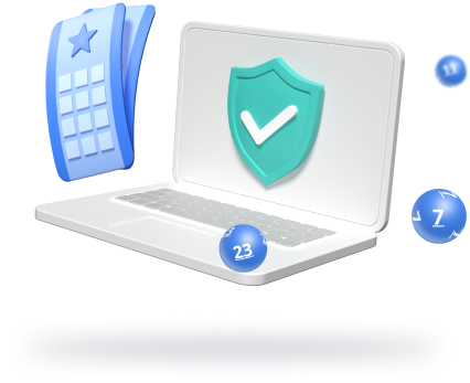 Ilustración de una laptop con un escudo de protección y boletos de lotería
